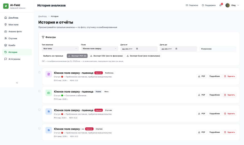 Раздел «История» в кабинете: фильтры, список анализов и кнопки экспорта.