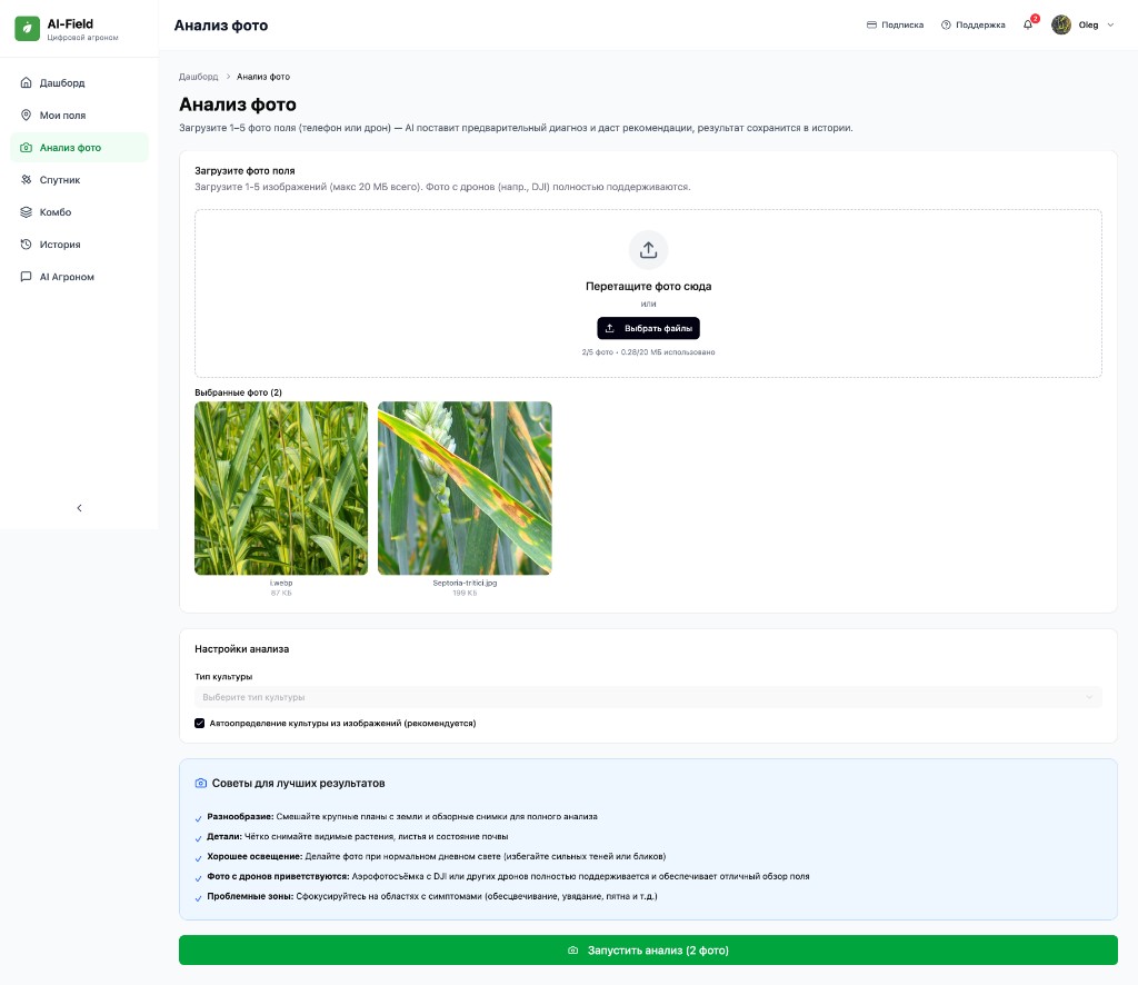 Несколько фото: в боте («Добавить еще фото») и в веб-кабинете (выбранные фото перед запуском анализа). 2