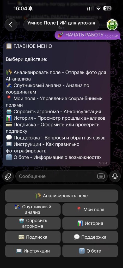 Экран приветствия и главное меню бота после нажатия «Запустить». 2