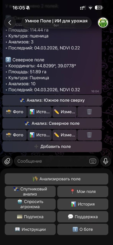 Добавление поля: название, геолокация или координаты, сохранение. Список полей в разделе «Мои поля». 3